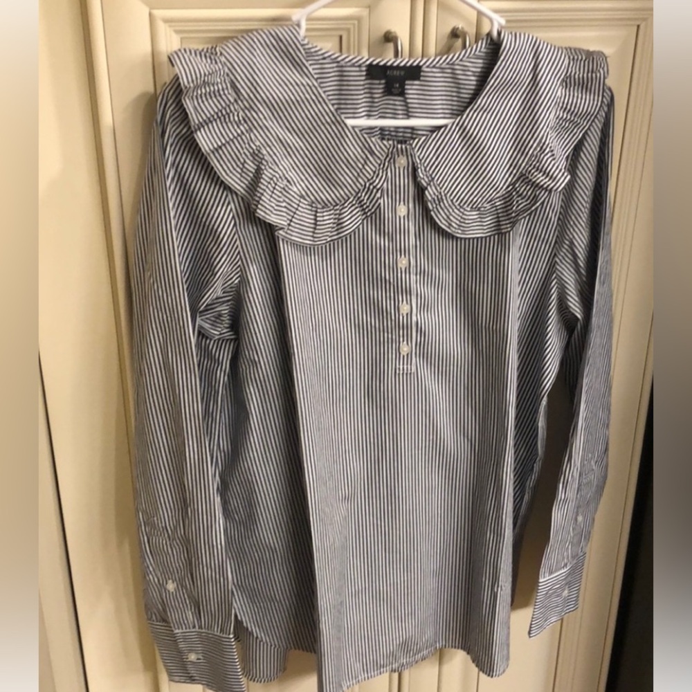 J Crew Striped Ruffle-Collar Shirt